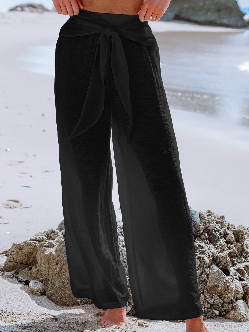 Cupshe Black Wide-Leg Tie-Waist Pants